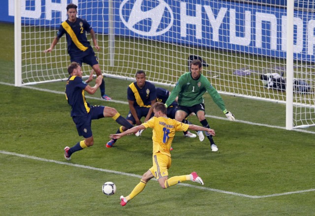 Ukraine's Yarmolenko tries to score against Sweden during their Group D Euro 2012 soccer match at Olympic Stadium in Kiev