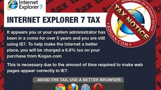 "Sondersteuer" auf Internet Explorer 7: Der australische Online-Shop Kogan führt eine Sondergebühr für Nutzer des veralteten Internet Explorer 7 ein.