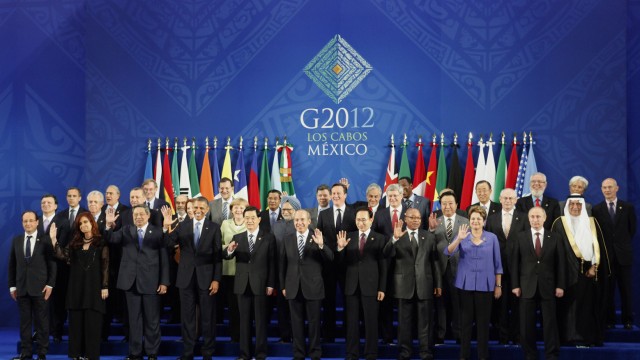 Leaders of the G20 nations gather for a group photo at the G20 Summit in Los Cabos, Mexico