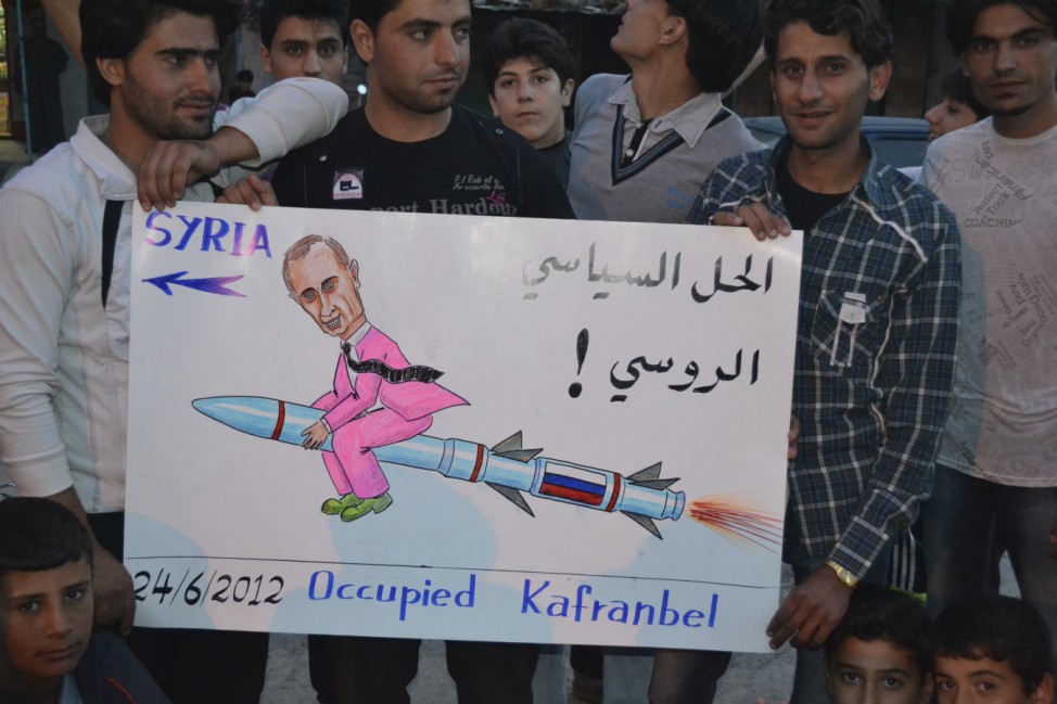 Demonstrators protest against Syria's President Bashar al-Assad in Kafranbel