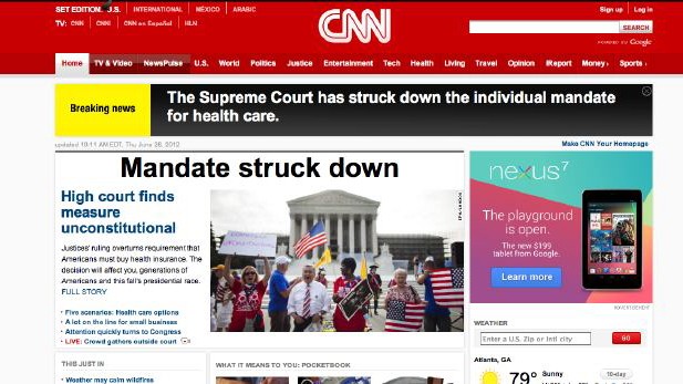 Falschmeldung zur Gesundheitsreform: Falschmeldung auf CNN: "Hohes Gericht hält die Maßnahme für verfassungswidrig." Tatsächlich war das Gegenteil richtig - der Supreme Court will die Gesundheitsreform nicht blockieren.