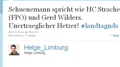 Niedersachsen: Nachricht "Unerträglicher Hetzer": Eine Twitter-Botschaft sorgt im niedersächsischen Landtag für Tumulte