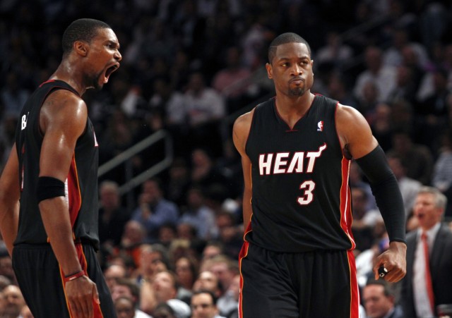 File photo of Heat's Wade celebrating with teammate Bosh in New York