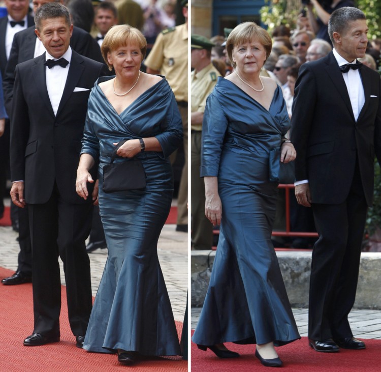Combo photo of German Chancellor Merkel arriving for opening of Bayreuth Wagner opera festival in Bayreuth