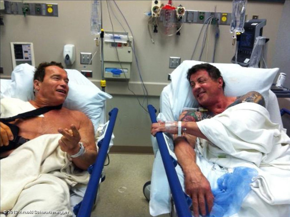 Handout photo of Schwarzenegger and Stallone in Los Angeles hospital for work on their shoulders