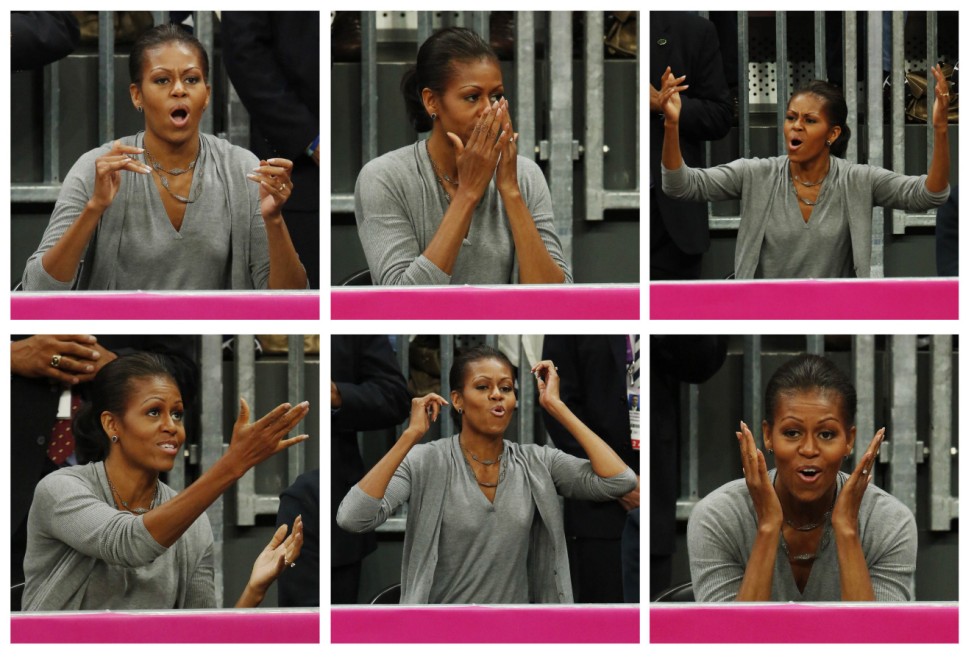 A combination of images shows U.S. first lady Michelle Obama watching a men's preliminary round basketball match between the U.S. and France at the London 2012 Olympic Games