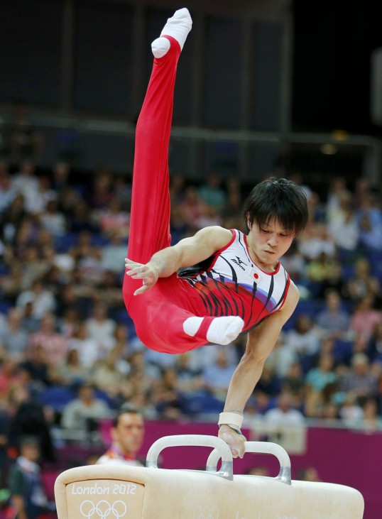 Kohei Uchimura of Japan competes in the pommel horse during the men's individual all-around gymnastics final in the North Greenwich Arena during the London 2012 Olympic Games