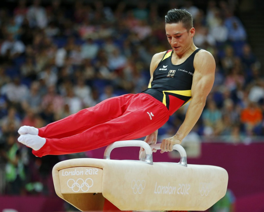 Marcel Nguyen of Germany competes in the pommel horse during the men's individual all-around gymnastics final in the North Greenwich Arena during the London 2012 Olympic Games