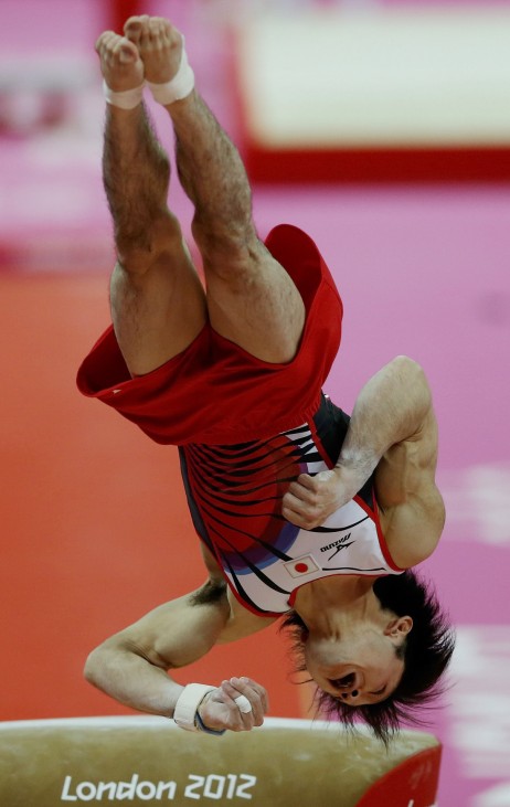 Kohei Uchimura of Japan competes in the vault during the men's individual all-around gymnastics final at the London 2012 Olympic Games