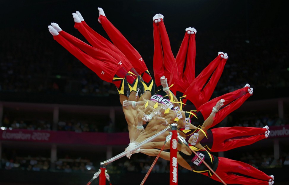 Marcel Nguyen of Germany competes in the horizontal bar during the men's individual all-around gymnastics final in the North Greenwich Arena during the London 2012 Olympic Games