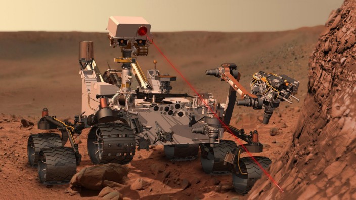 Neues Gewerbegebiet: Wenn der Mars-Rover "Curiosity" Mars-Gestein mit einem Laserstrahl abtastet, wie hier auf einer Computersimulation, ist ein Minimotor von Phytron aus Gröbenzell im Einsatz.