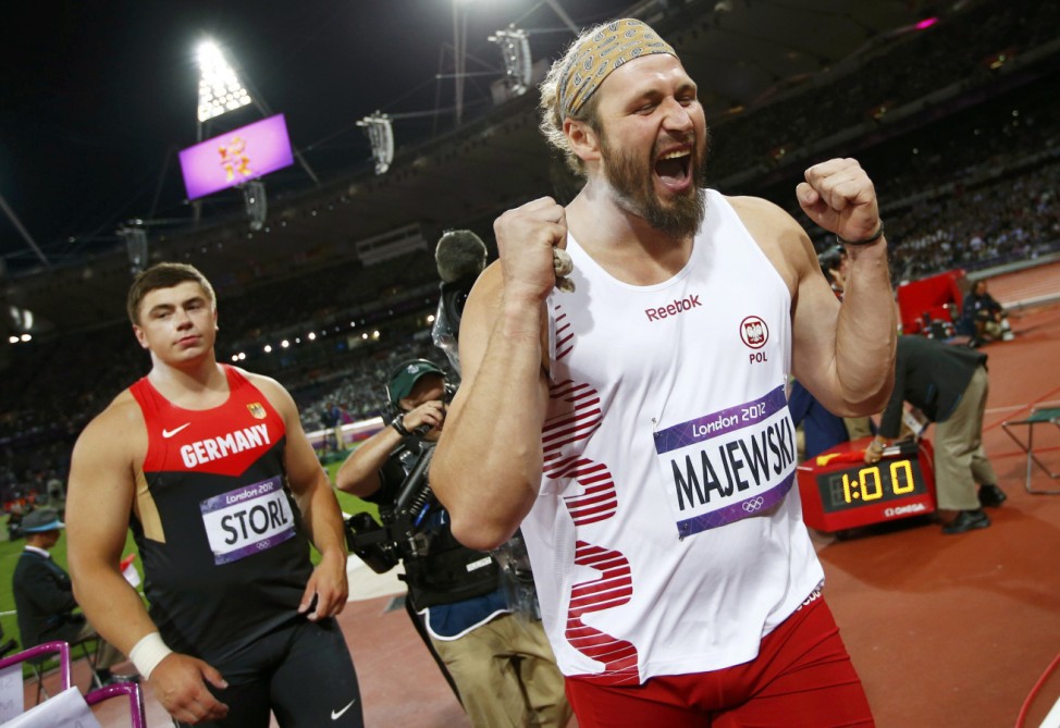 Poland's Tomasz Majewski celebrates winning the men's shot put final at the London 2012 Olympic Games at the Olympic Stadium