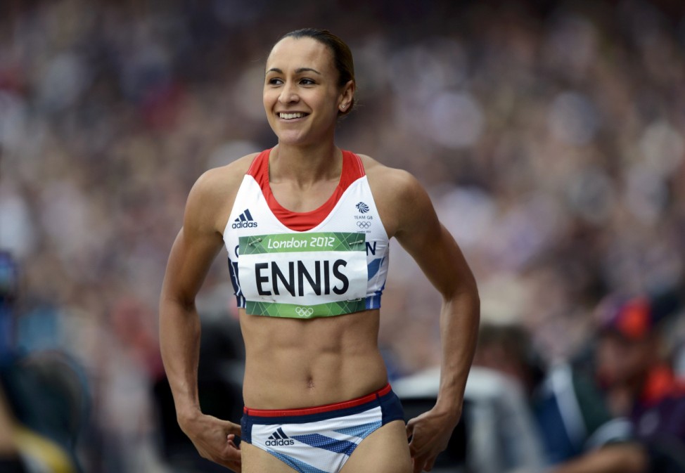 Britain's Jessica Ennis celebrates after her second jump in women's heptathlon long jump event at London 2012 Olympic Games