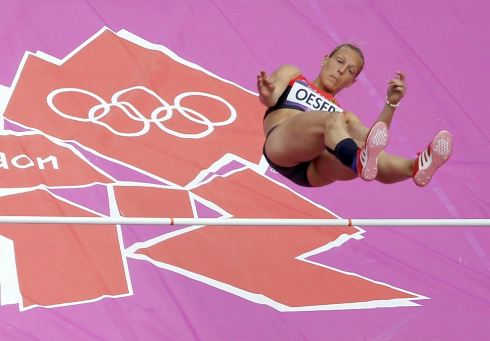 Germany's Jennifer Oeser competes in women's heptathlon high jump at London 2012 Olympic Games