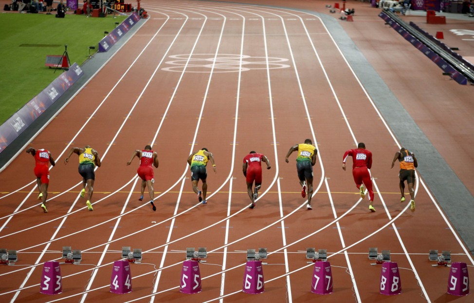 Jamaica's Usain Bolt, in lane 7, races at the men's 100m final during the London 2012 Olympic Games at the Olympic Stadium