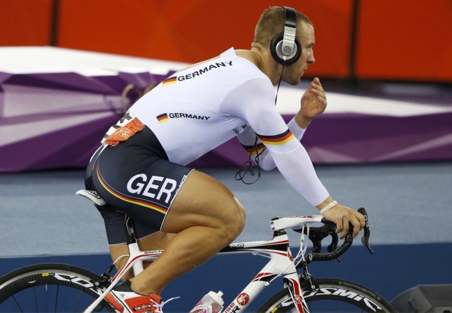 Germany's Robert Forstemann keeps warm before the track cycling men's sprint race for 5th-8th places at the Velodrome during the London 2012 Olympic Games