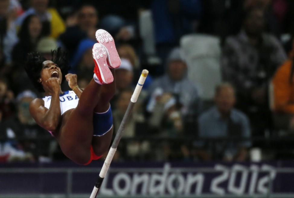 Cuba's Yarisley Silva reacts during the women's pole vault final at the London 2012 Olympic Games