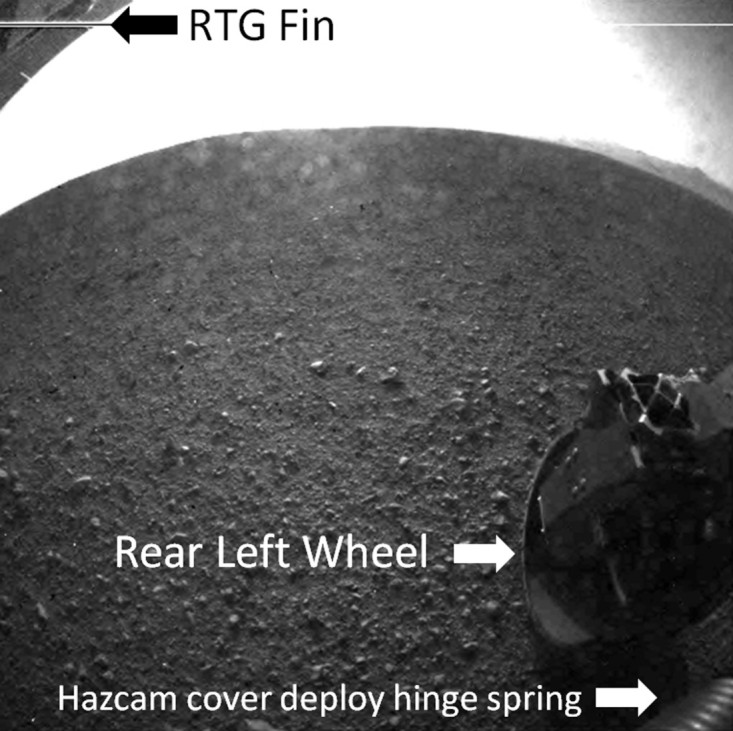 Labelled version of one of the first images taken by a rear Hazard-Avoidance camera on NASA's Curiosity rover