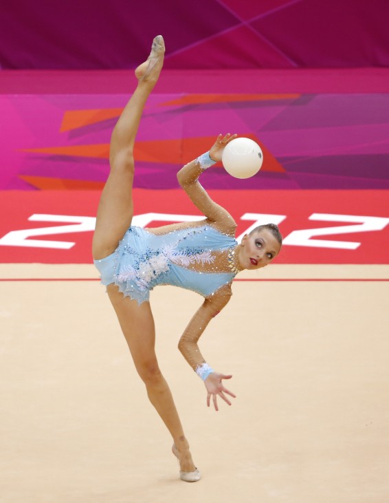 Belarus's Melitina Staniouta competes using the ball in her individual all-around gymnastics qualification match at the Wembley Arena during the London 2012 Olympic Games