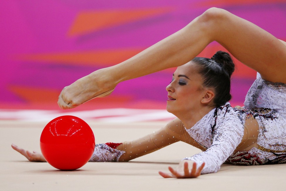Germany's Jana Berezko-Marggrander competes using the ball in her individual all-around gymnastics qualification match during the London 2012 Olympic Games