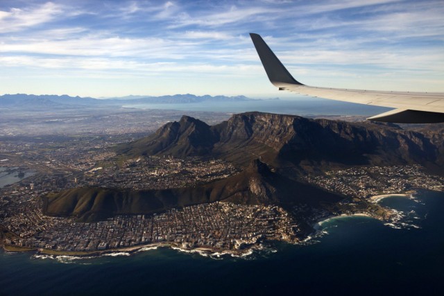 The plane carrying U.S. Secretary of State Clinton flies over Cape Town, South Africa, en route to Nigeria and Ghana
