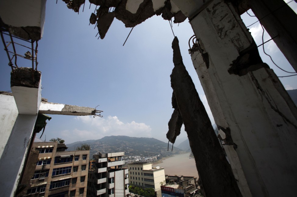 View of Yangtze river from a building under demotion at a residential area which will be relocated, in Huangtupo, Badong city