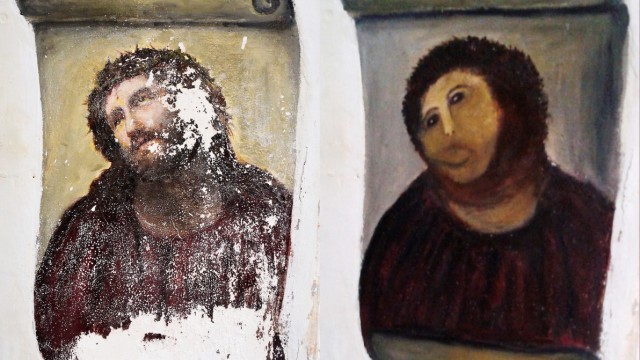Übermaltes Jesus-Fresko in Borja: Vier Euro Eintritt bezahlen die Schaulustigen, um sich über das misslungene Kunstwerk zu amüsieren - mehrere tausend Euro soll die Kirchengemeinde bereits eingesammelt haben.