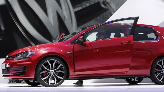 A new model of the Volkswagen Golf GTI is displayed on media day at the Paris Mondial de l'Automobile