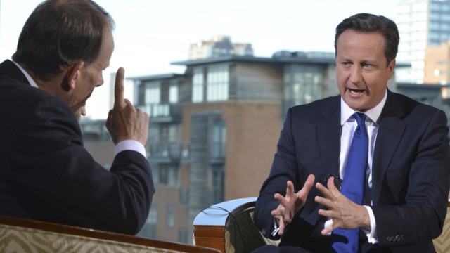Britain's Prime minister David Cameron speaks on the BBC's Andrew Marr Show, during the Conservative Party annual conference in Birmingham