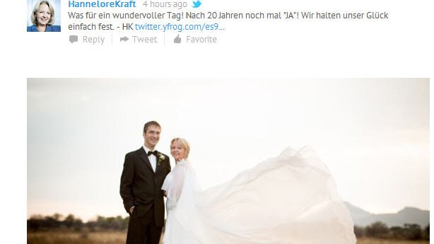 Hannelore Kraft veröffentlicht Hochzeitsfoto auf Twitter