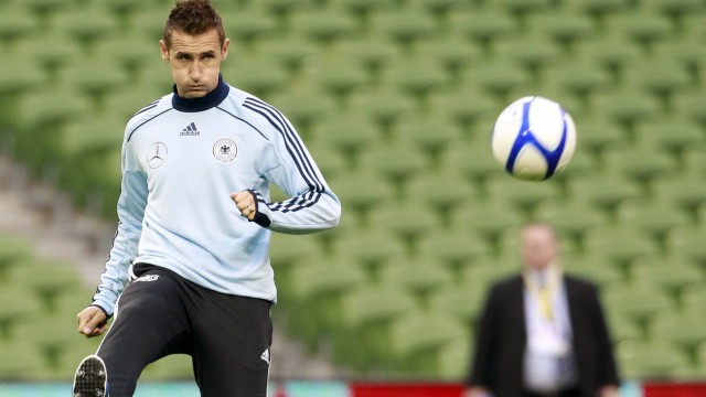 Germany's Miroslav Klose kicks the ball during a training session at the Aviva Stadium in Dublin
