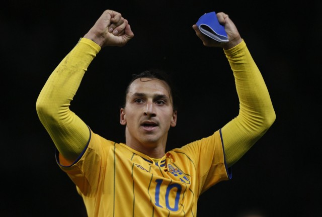 Sweden's Ibrahimovic celebrates after drawing with Germany in their World Cup 2014 qualifying soccer match in Berlin