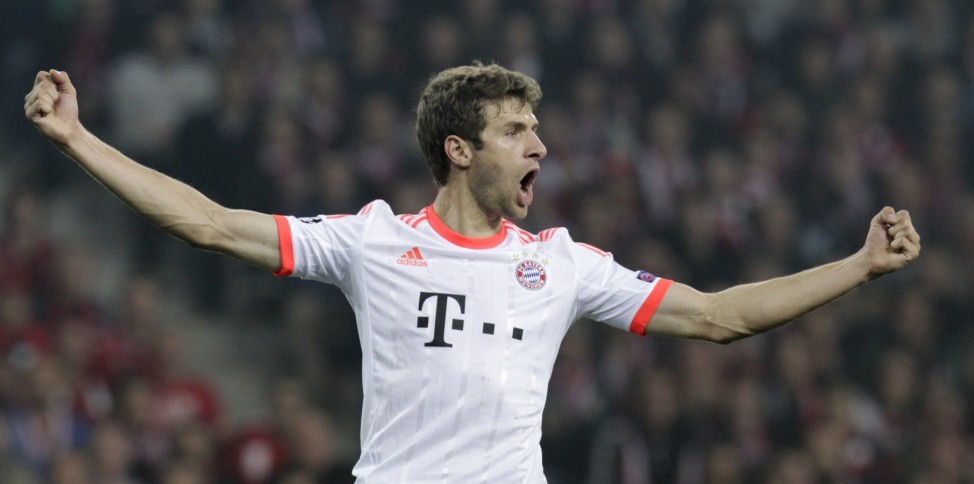 Bayern Munich's Muller reacts after scoring against Lille during their Champion's League Group F soccer match at the Lille Grand Stade stadium in Villeneuve d'Ascq