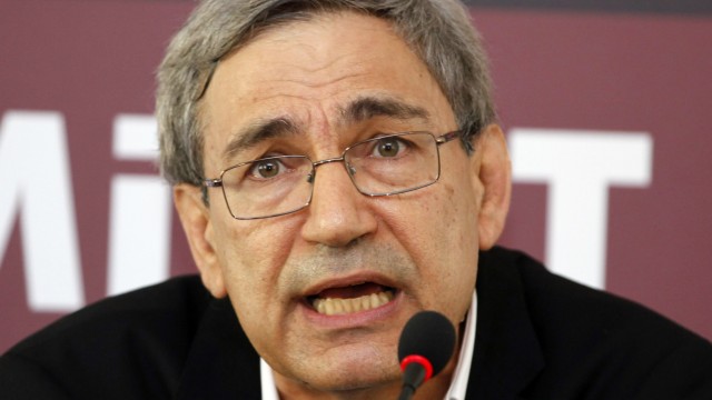 File photo of Nobel-winning Turkish author Pamuk at a news conference in Istanbul