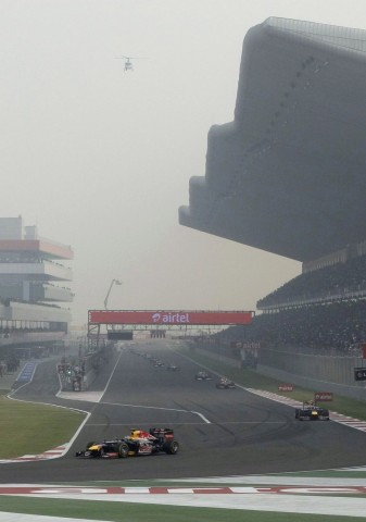 Red Bull Formula One driver Vettel leads during the Indian F1 Grand Prix at the Buddh International Circuit in Greater Noida