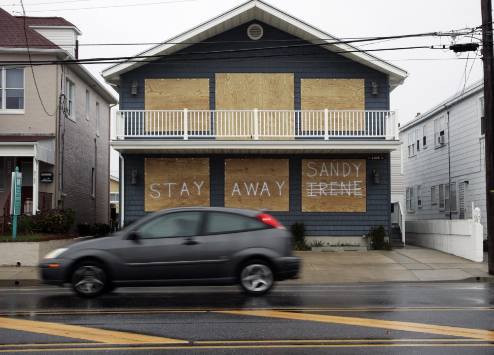A house on Atlantic Avenue bears a message reflecting the owner's sentiments about the previous hurricane and the approaching Hurricane Sandy in Margate