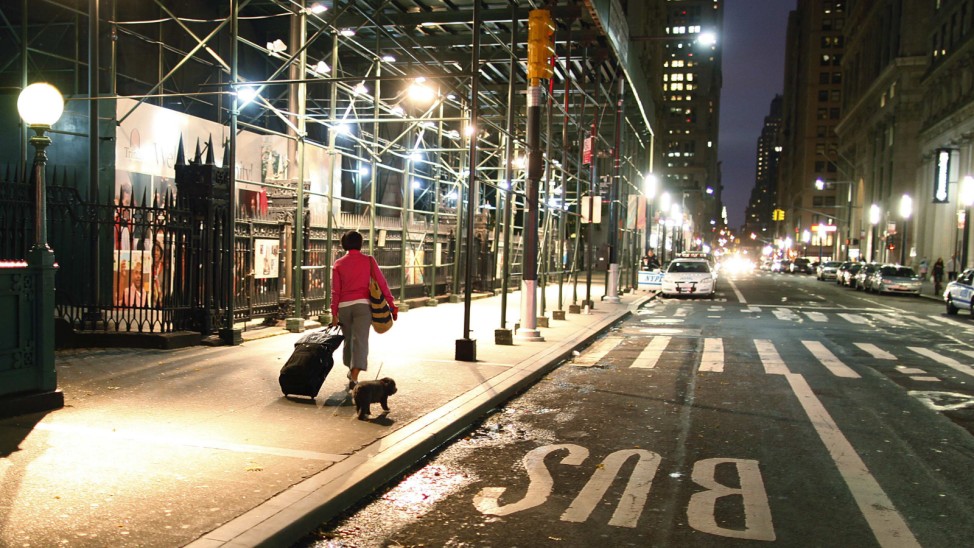 A woman with her luggage and a dog make their way to Wall Street station, to get out of lower Manhattan in New York