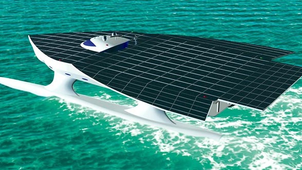 Katamaran "Planet Solar": Kraft-Werk: Der Solar-Kat "Planet Solar" misst 31 mal 15 Meter. Die 500 Quadratmeter große Decksfläche ist fast komplett mit Photovoltaik-Modulen belegt.