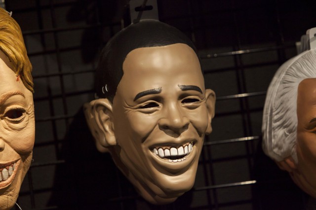 A Barack Obama mask is seen at New York Costumes, a halloween supply store, in New York