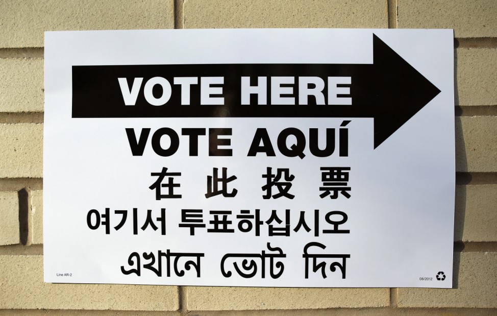 A sign directs where to go at a polling station during the U.S. presidential election in New York