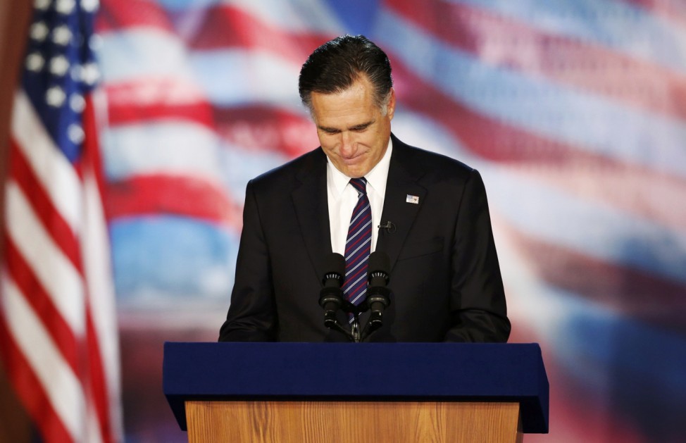 Republican presidential nominee Romney delivers his concession speech during his election night rally in Boston