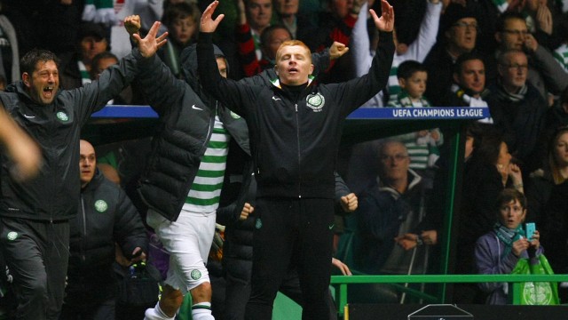 Celtic team manager Neil Lennon reacts as the final whistle is blown during their Champions League soccer match victory against Barcelona at Celtic Park stadium in Glasgow