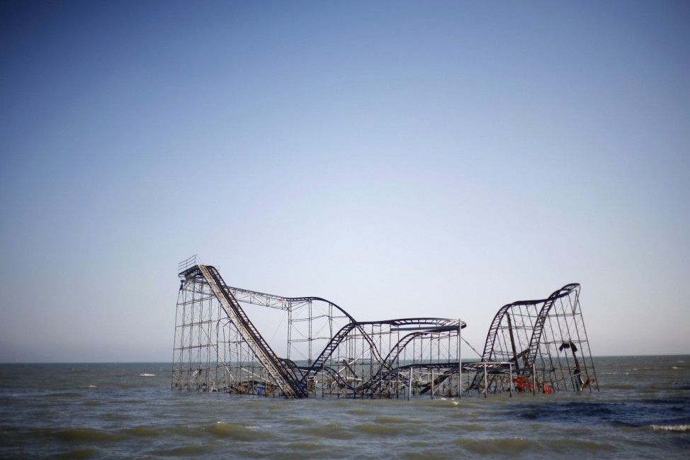 A roller coaster is seen in the ocean in the aftermath of Hurricane Sandy in Seaside Heights