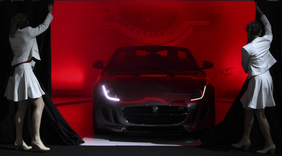 A Jaguar F-Type is displayed during the International Sao Paulo Motor Show media day in Sao Paulo