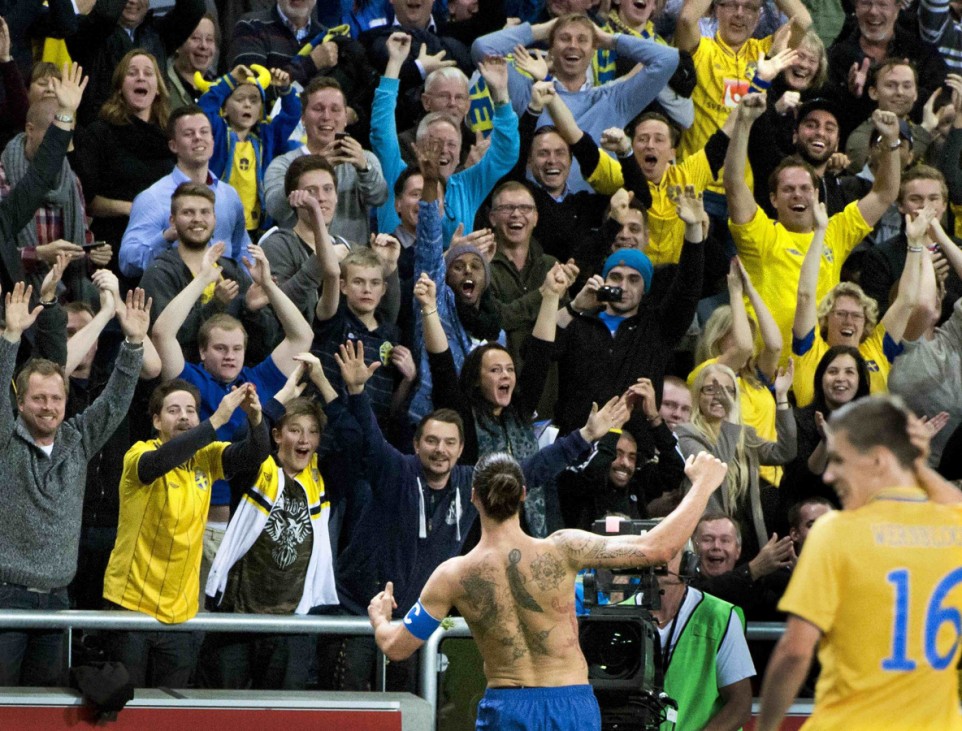 Sweden's Ibrahimovic celebrates after scoring a goal during their friendly soccer match against England in Stockholm