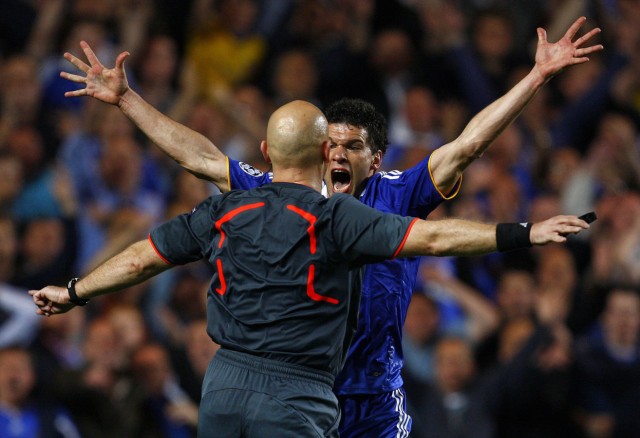 Chelsea's Michael Ballack screams at referee Tom Henning Ovrebo after a possible handball by Barcelona during their Champions League second leg semi-final soccer match at Stamford Bridge in London