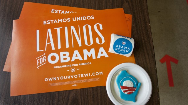 File photo of placards and campaign stickers at the Latino regional headquarters for the Obama campaign in Milwaukee