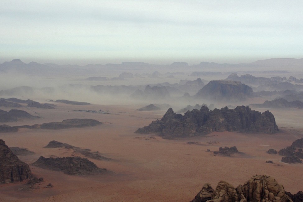 An aerial view of Wadi Rum taken from a microlight single-engine aircraft