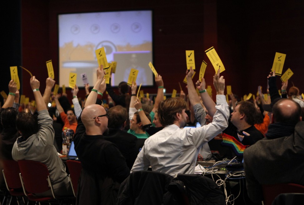 Delegates are pictured during a party meeting of the Pirate Party in Bochum