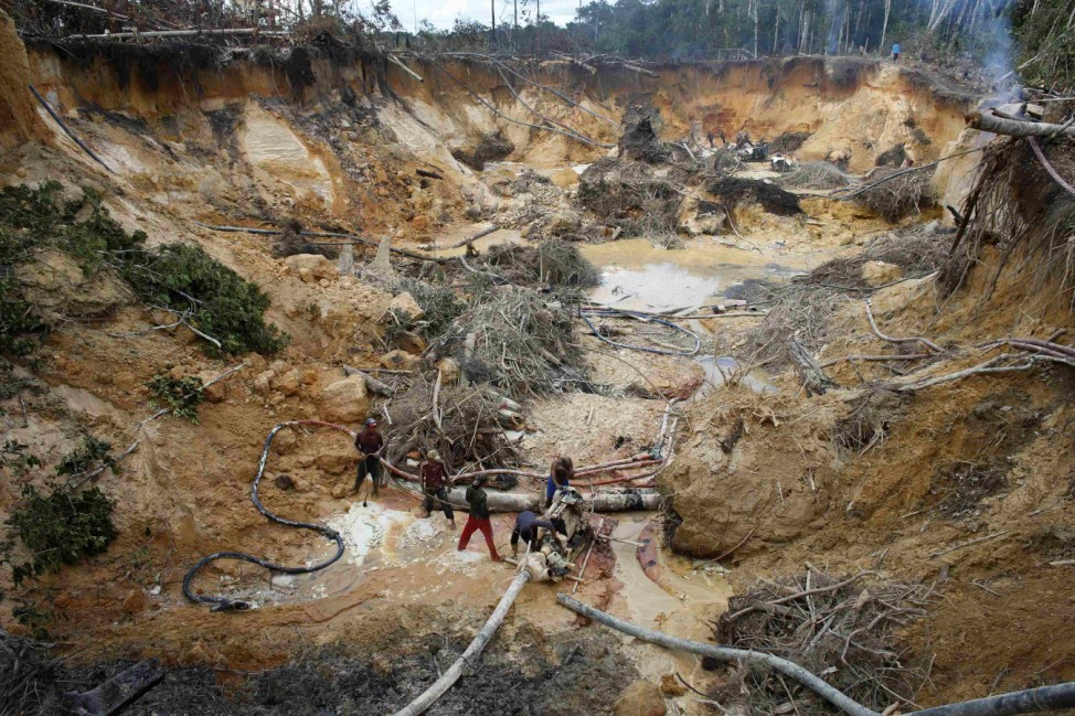 An illegal mine is seen in the southern state of Bolivar near the border with Brazil